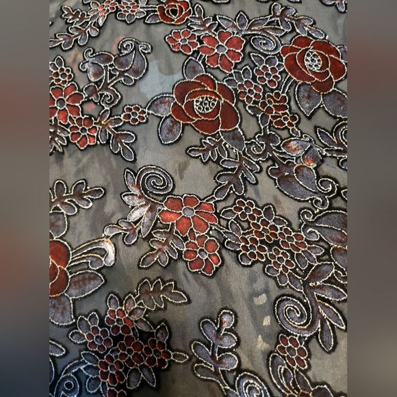 Vintage Black Red Velvet Silk Floral Scarf Wrap Sheer 60 Inch Women's - Picture 7 of 8